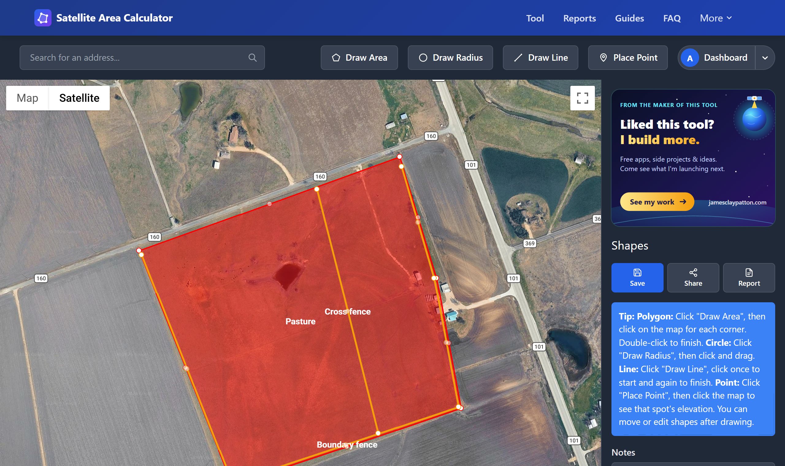 A pasture traced on satellite imagery, with a boundary fence and a cross fence drawn as lines