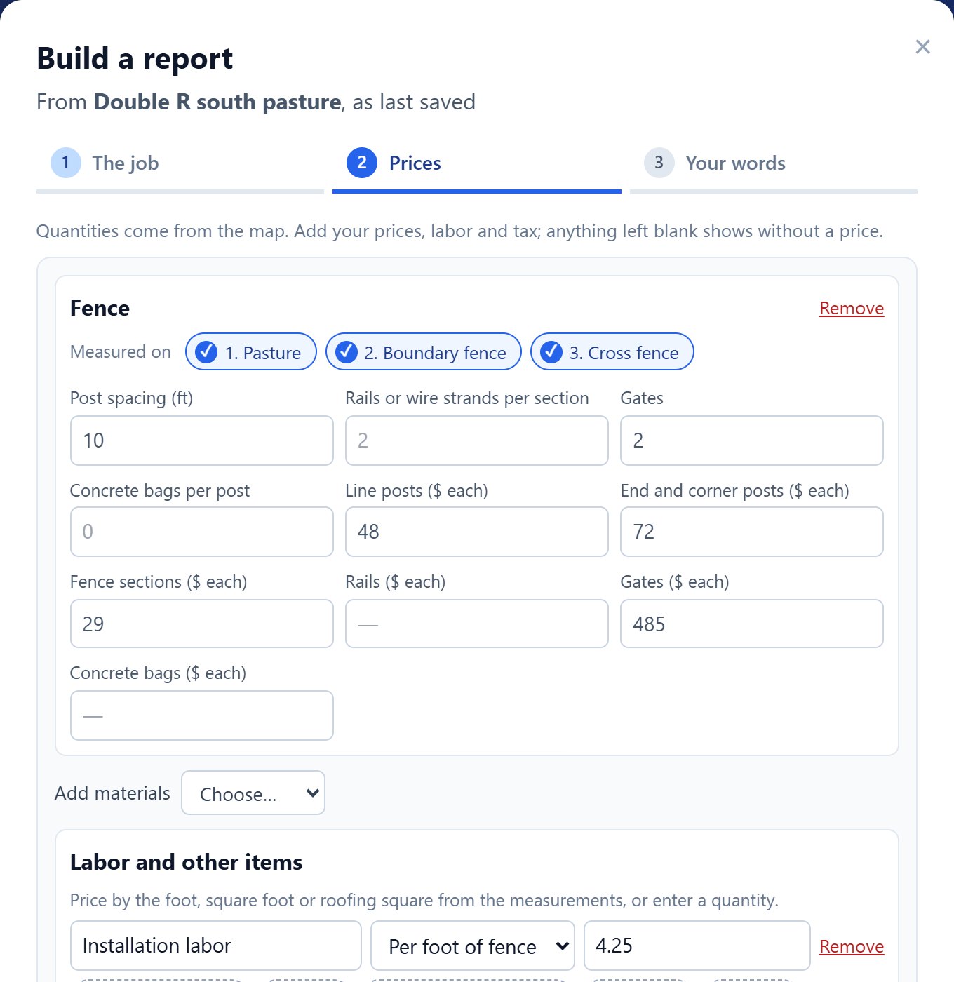 The Prices step of Build a report, with fence posts, labor per foot and tax
