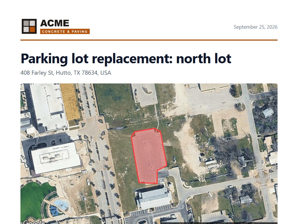 First page of the parking lot replacement quote