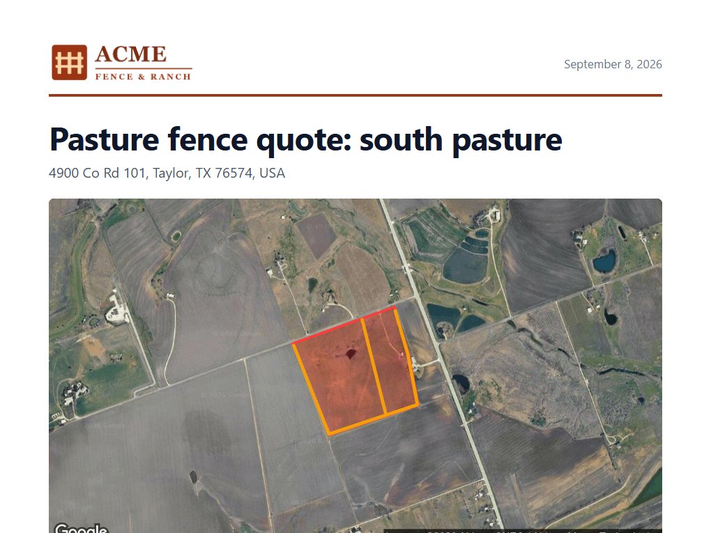 First page of the pasture fence quote for a 46-acre pasture