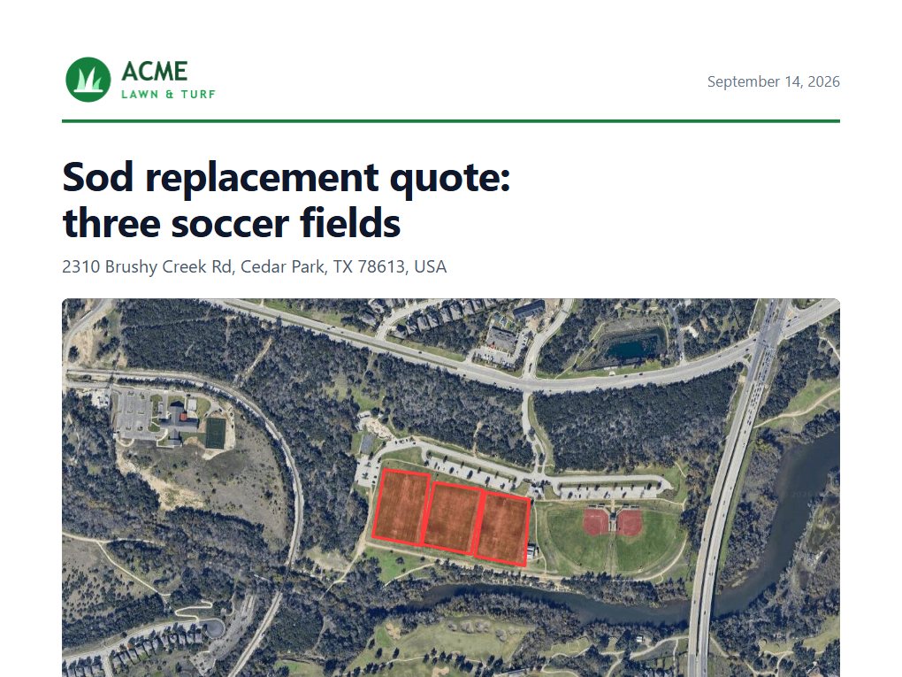 First page of the sod replacement quote for three soccer fields